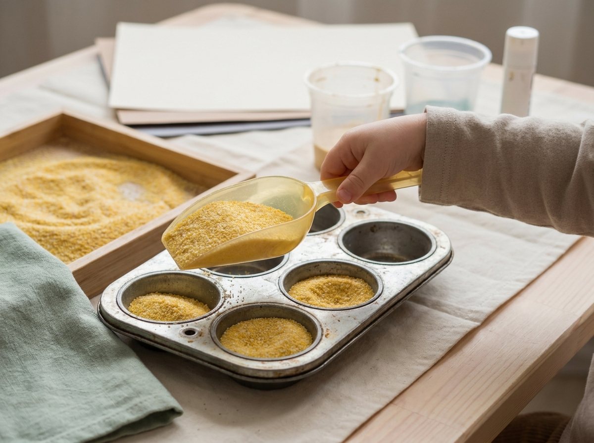 Toddler hand scooping cornmeal into the cups of a muffin tin