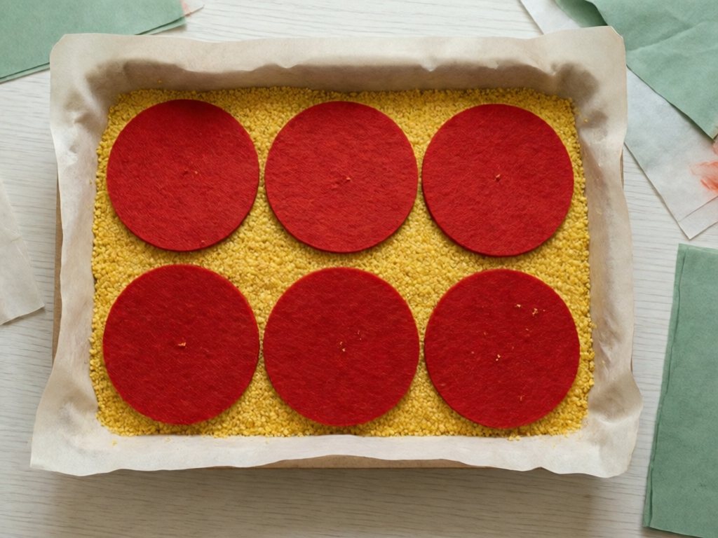 Large red felt circles resting on a layer of golden cornmeal in a tray