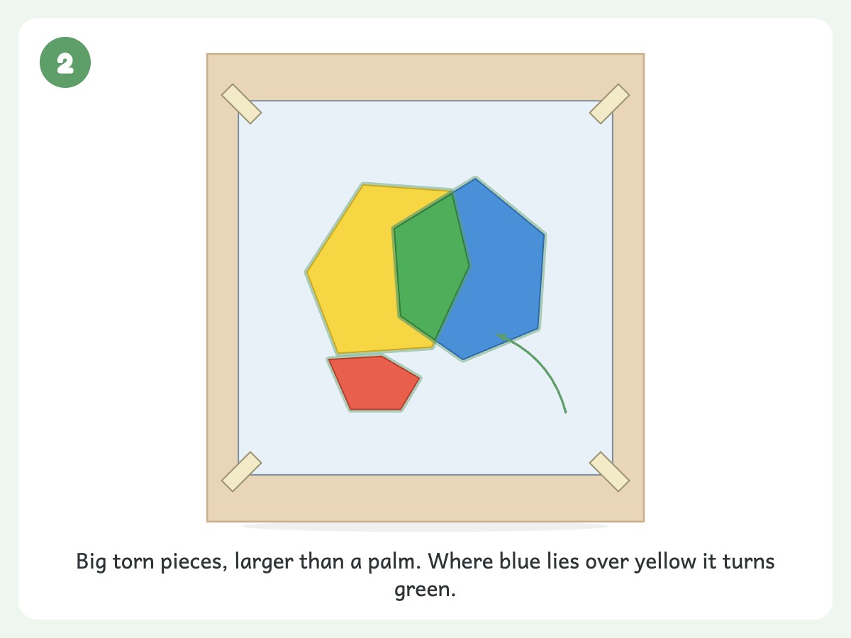 Step 2: Press torn tissue pieces onto the sticky surface, overlapping 2-3 colors