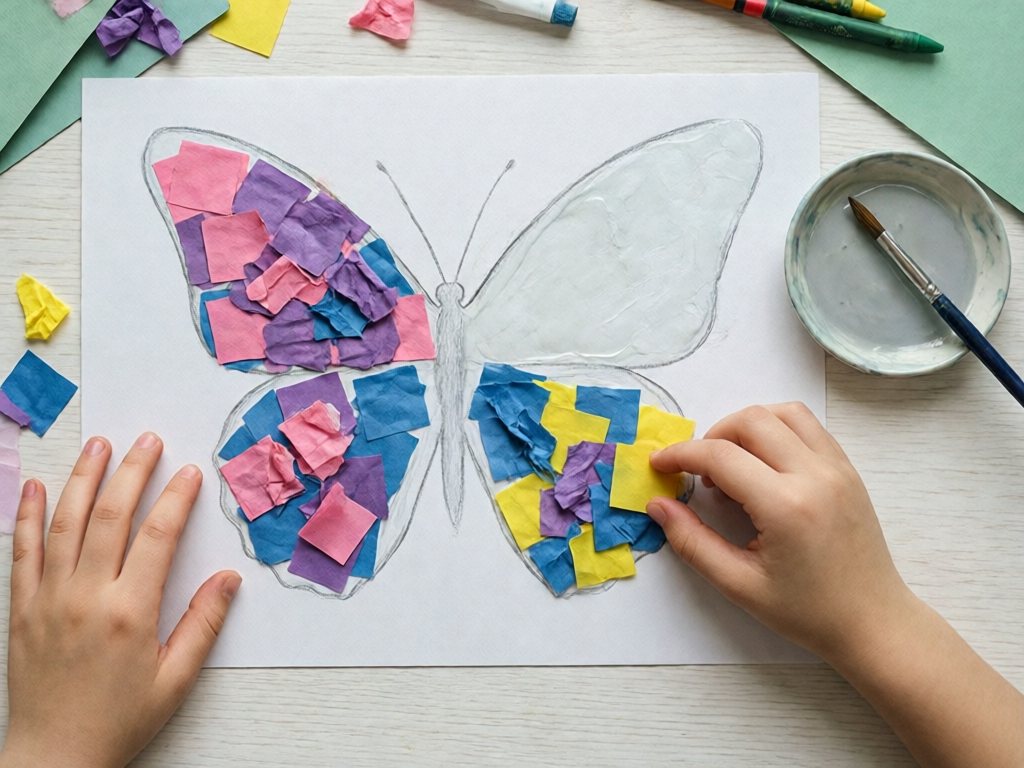 Child's hand adding tissue paper squares to a butterfly outline on white cardstock