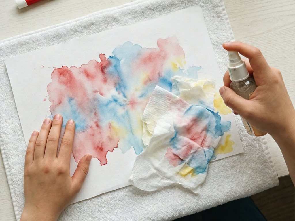 White cardstock with soft red, blue and yellow prints left by wet tissue paper