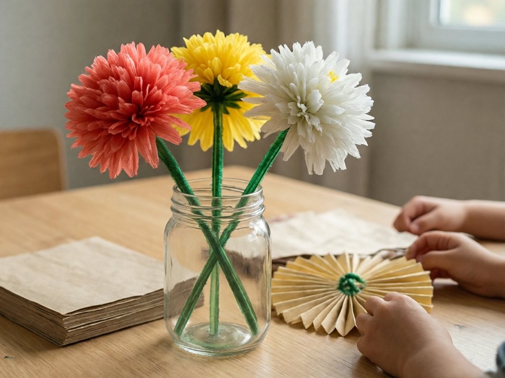 Pink, yellow and white tissue paper flowers on green pipe cleaner stems in a glass jar