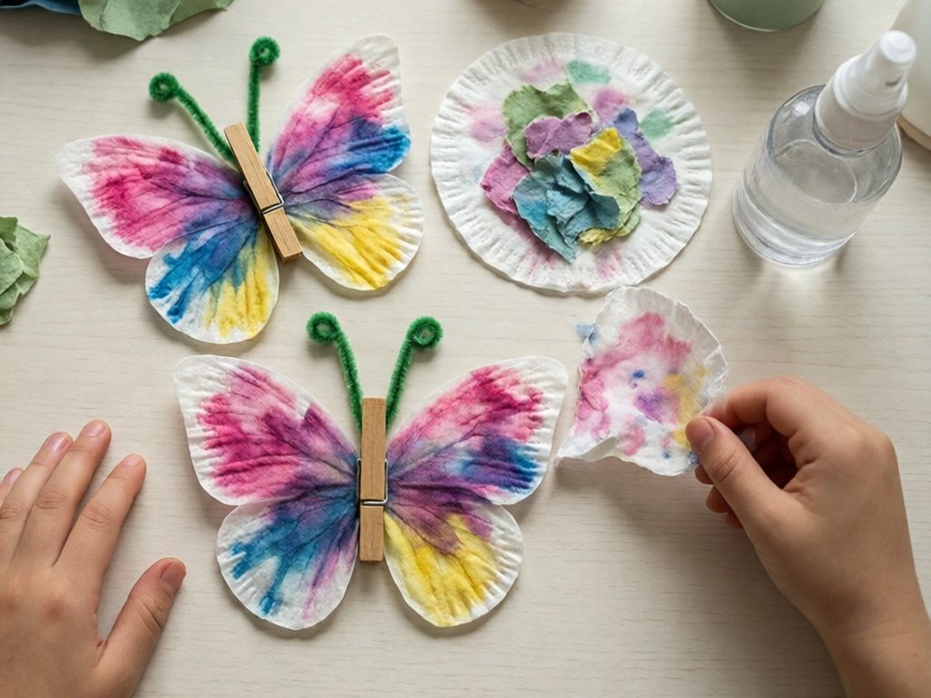Coffee filter butterflies dyed with bled tissue paper colors, with clothespin bodies