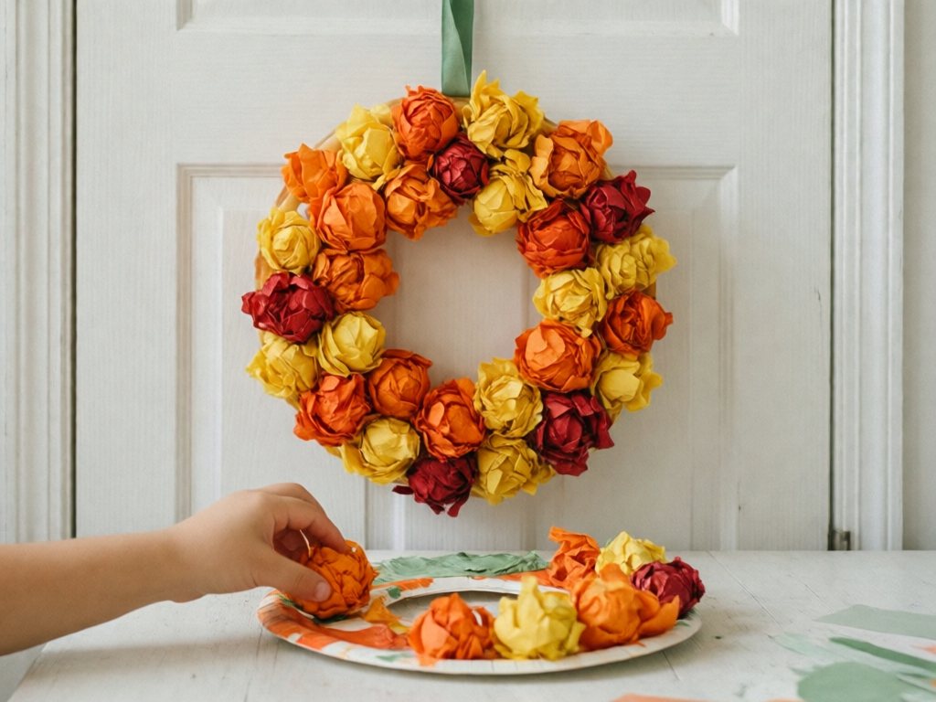 Paper plate wreath covered in crumpled orange, yellow and red tissue paper balls