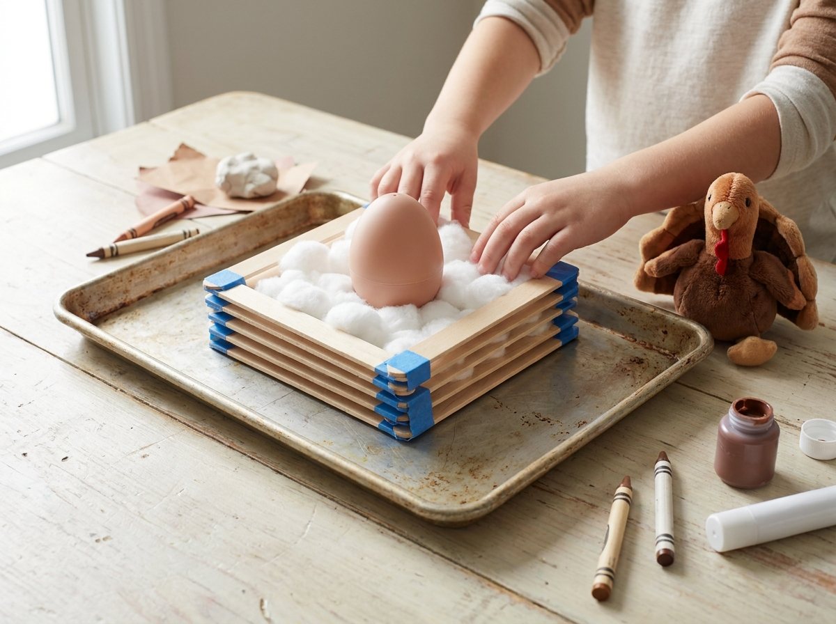 Craft-stick nest lined with cotton balls holding a large brown plastic egg on a baking sheet beside a toy turkey