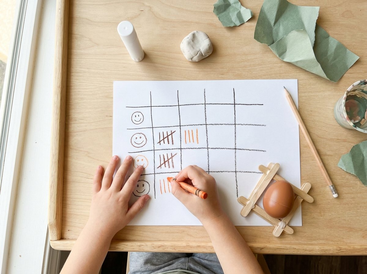 Hand-drawn scorecard grid with smiley faces and tally marks beside a craft-stick nest