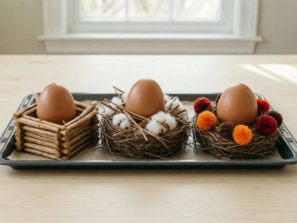 Three different craft-stick nests: a stacked wall, a cotton pile, and a pom-pom decorated nest