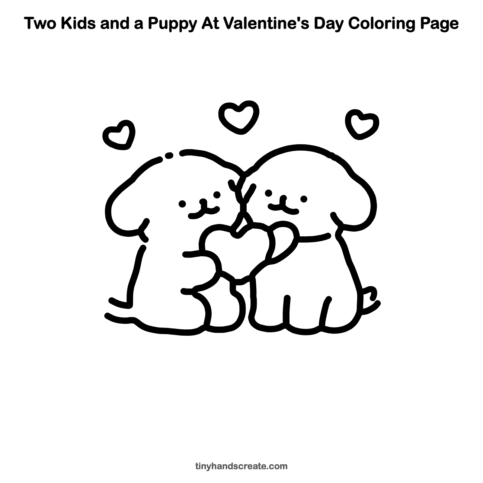 Free printable two kids and a puppy at Valentine's Day coloring page for kids