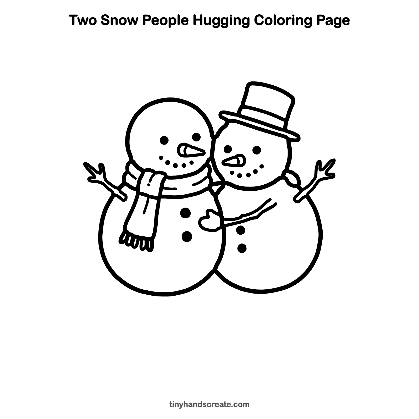 Free printable two snow people hugging coloring page for kids
