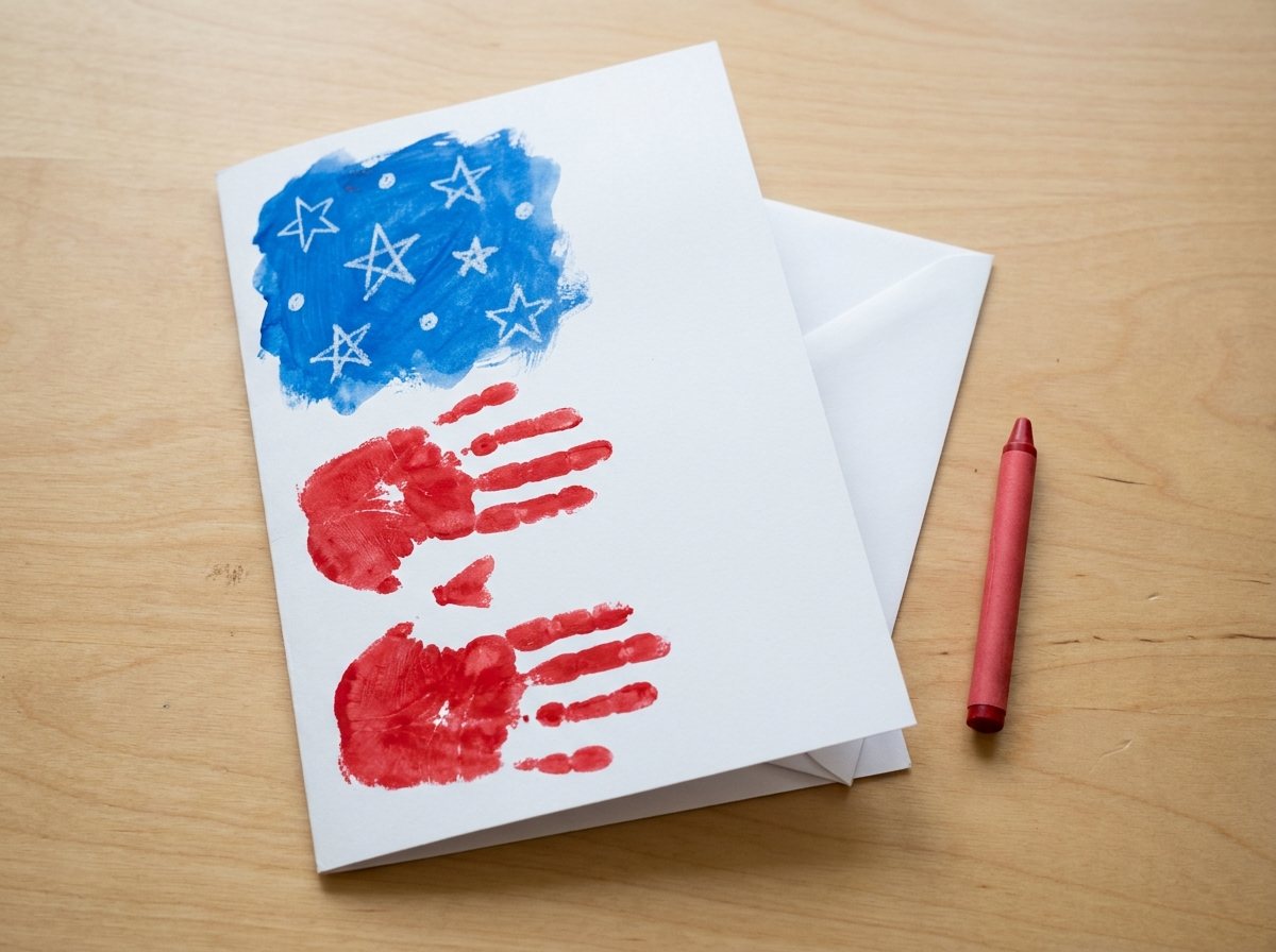Finished handprint flag on white cardstock with blue star field, red finger stripes and a card tucked inside