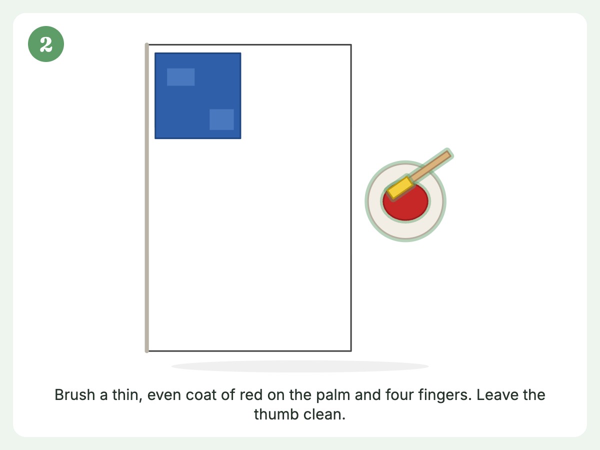Step 2: Paint the child's palm and all four fingers red with a foam brush, thumb tucked or left clean