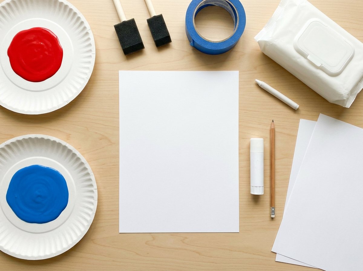 Flat lay of white cardstock, red and blue paint on paper plates, foam brushes, tape, wipes, crayon and glue stick