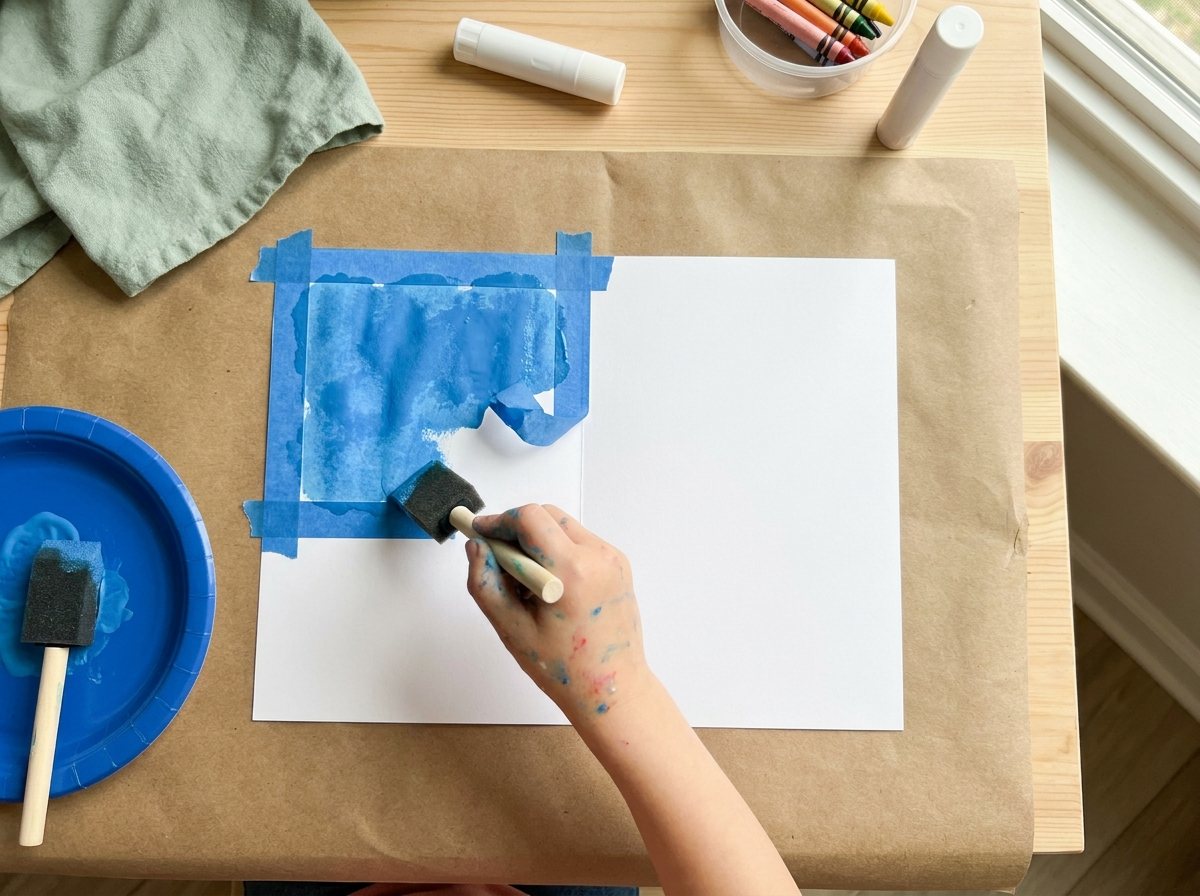 Small hand brushing blue paint inside a taped rectangle on white cardstock