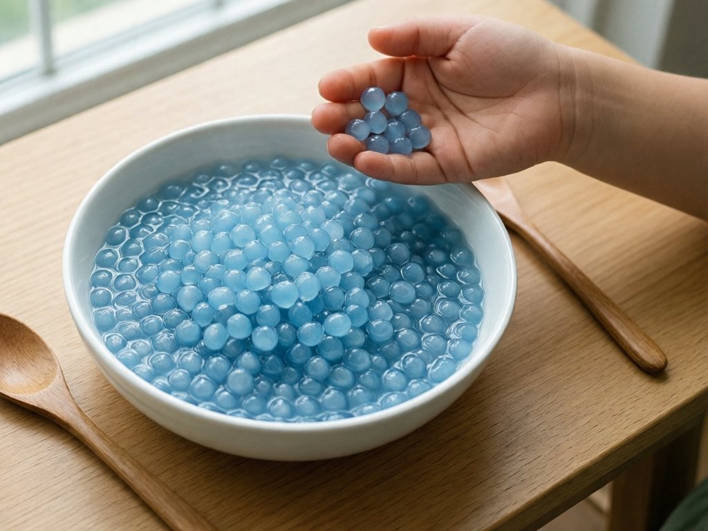 Child's hand holding a few glossy blue cooked tapioca pearls beside a white bowl of more pearls