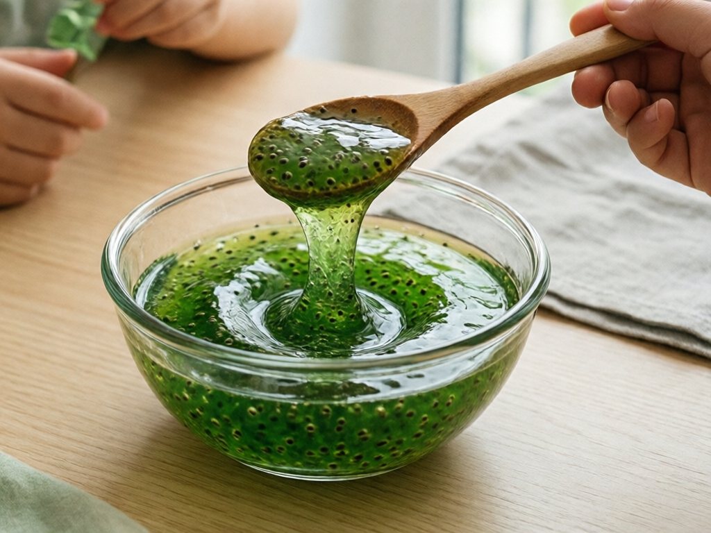 Spoon lifting bright green chia seed gel out of a clear glass bowl