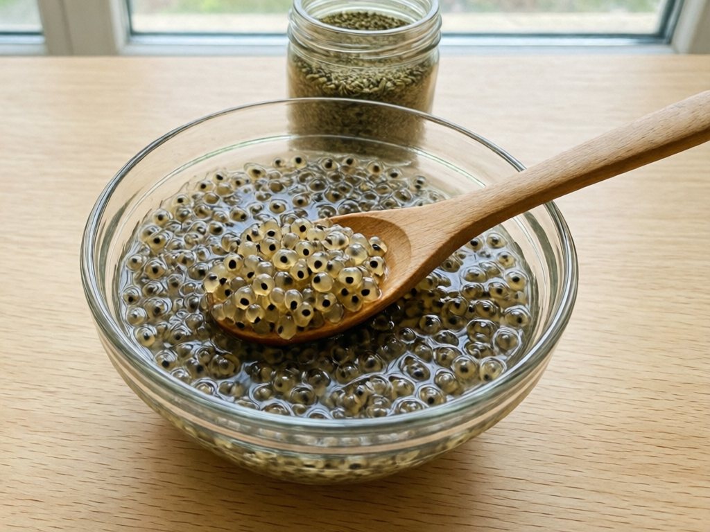Bowl of soaked basil seeds, translucent gel dots with black centers, with a spoon