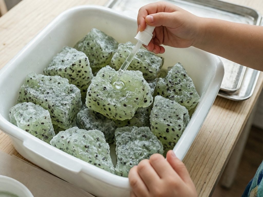 Hand using a dropper on large frozen chunks of green chia gel in a white bin
