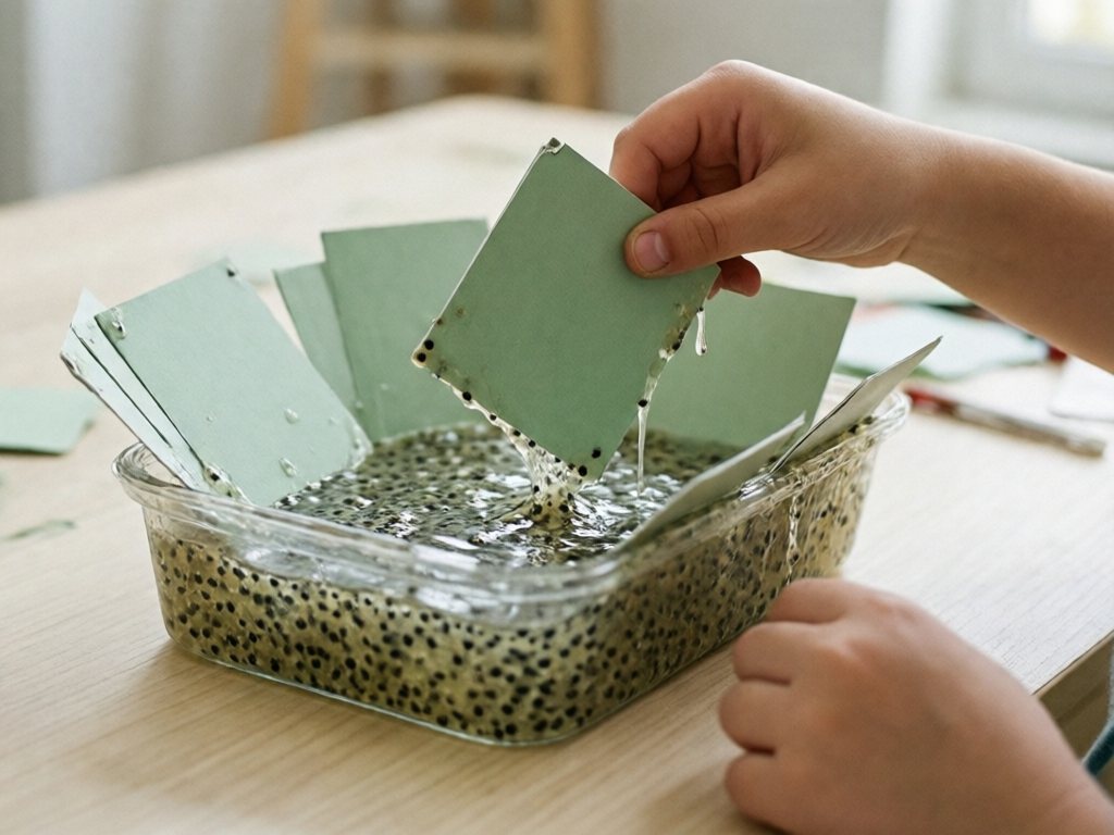 Child's hand pulling a laminated card out of a bin of basil seed gel