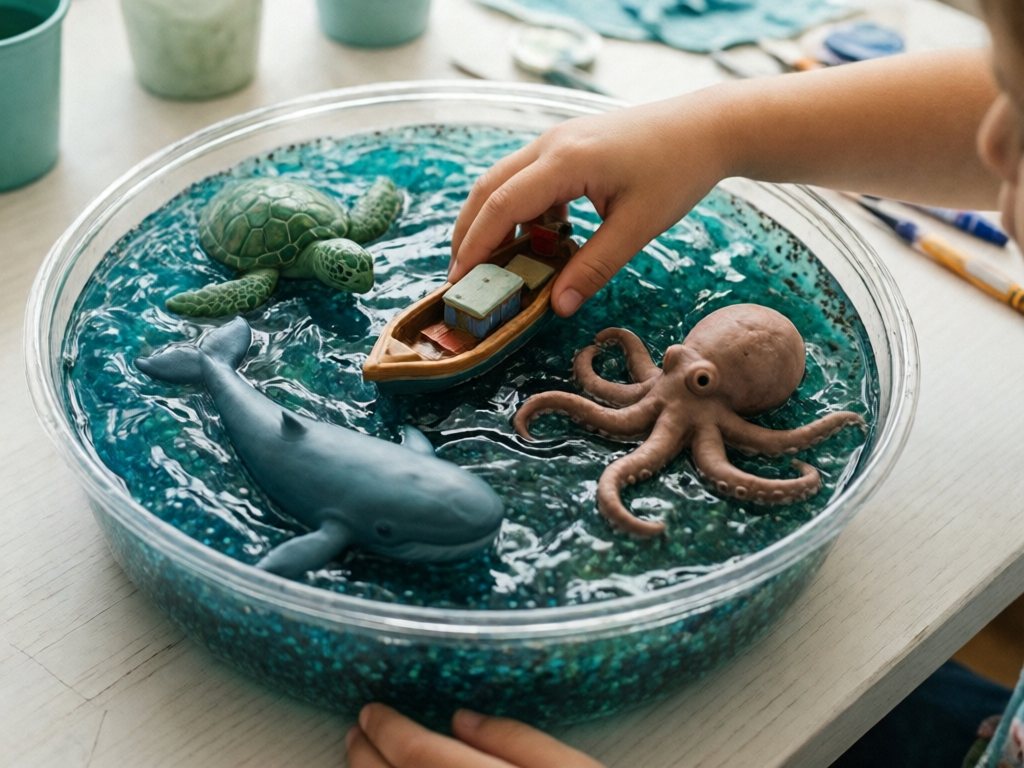 Bin of blue and green chia gel with a toy boat and large plastic sea creatures