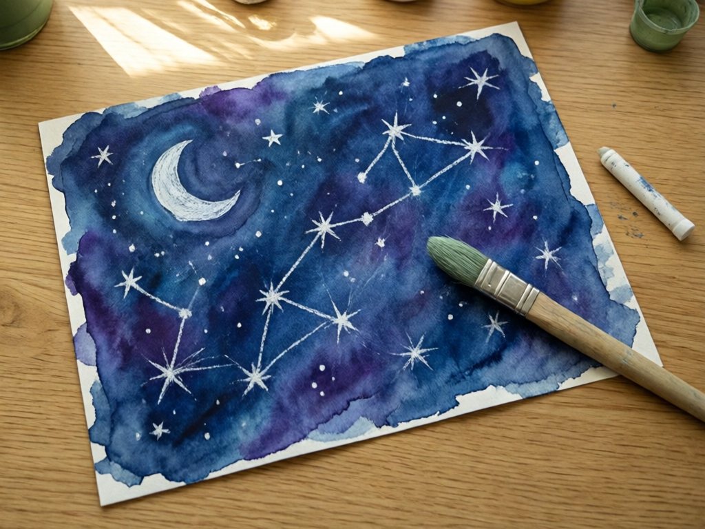 Watercolor night sky painting in blue and purple with white crayon stars and moon showing through