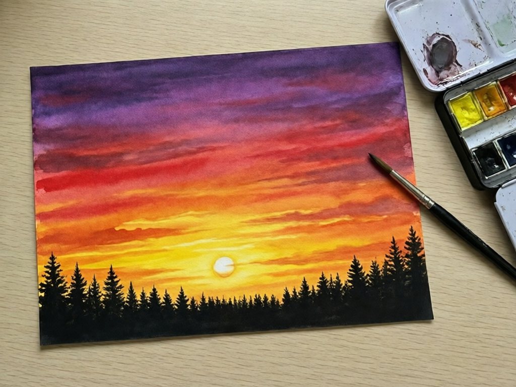 Wet-on-wet watercolor sunset in purple, red, orange and yellow with a black tree line silhouette