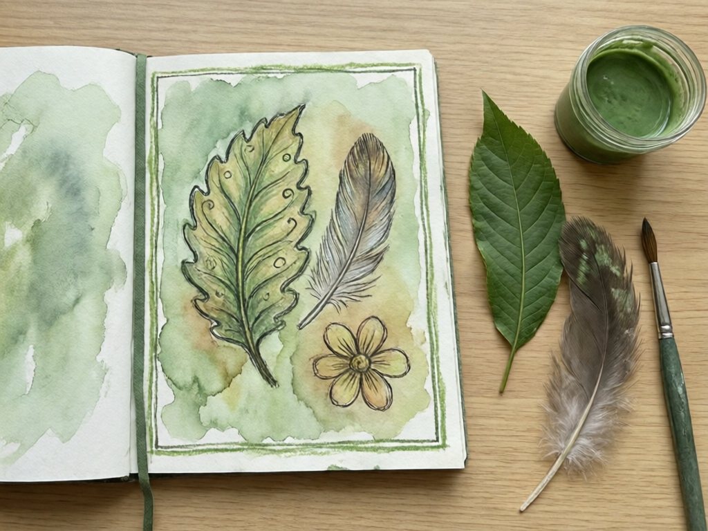 Nature journal page with crayon leaf and feather drawings under green watercolor wash beside a real leaf and feather