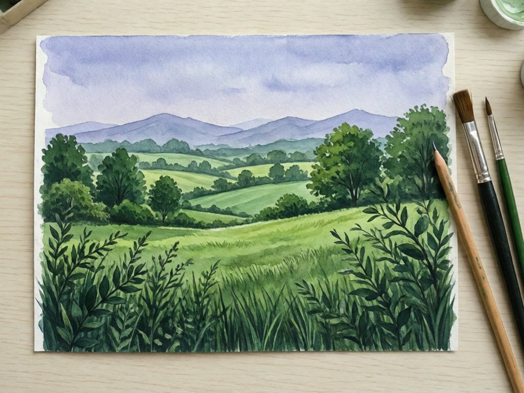 Watercolor landscape with pale distant mountains, green middle fields and dark detailed foreground grasses