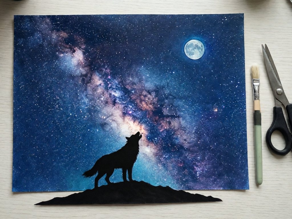Watercolor galaxy in blue and purple with white splatter stars and a black paper wolf silhouette on a hill