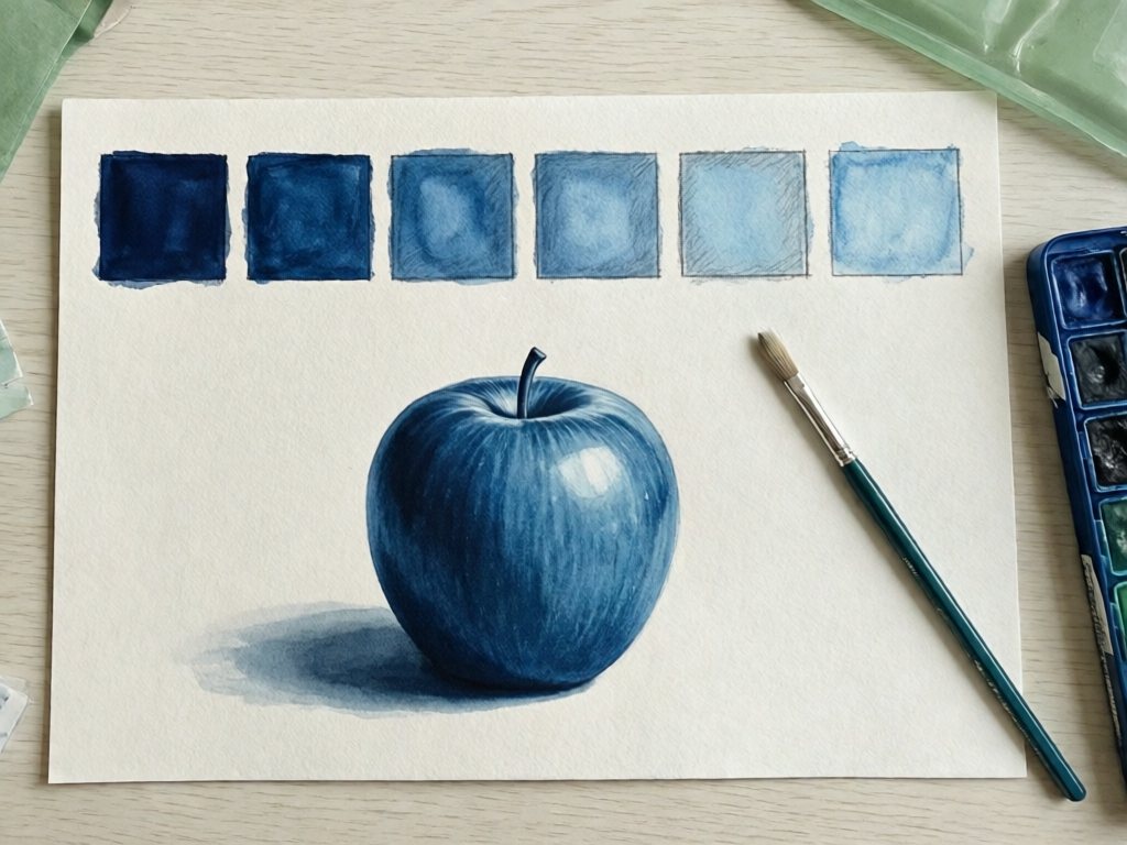 Row of six blue squares from dark to pale above a blue painted apple showing shadow and highlight
