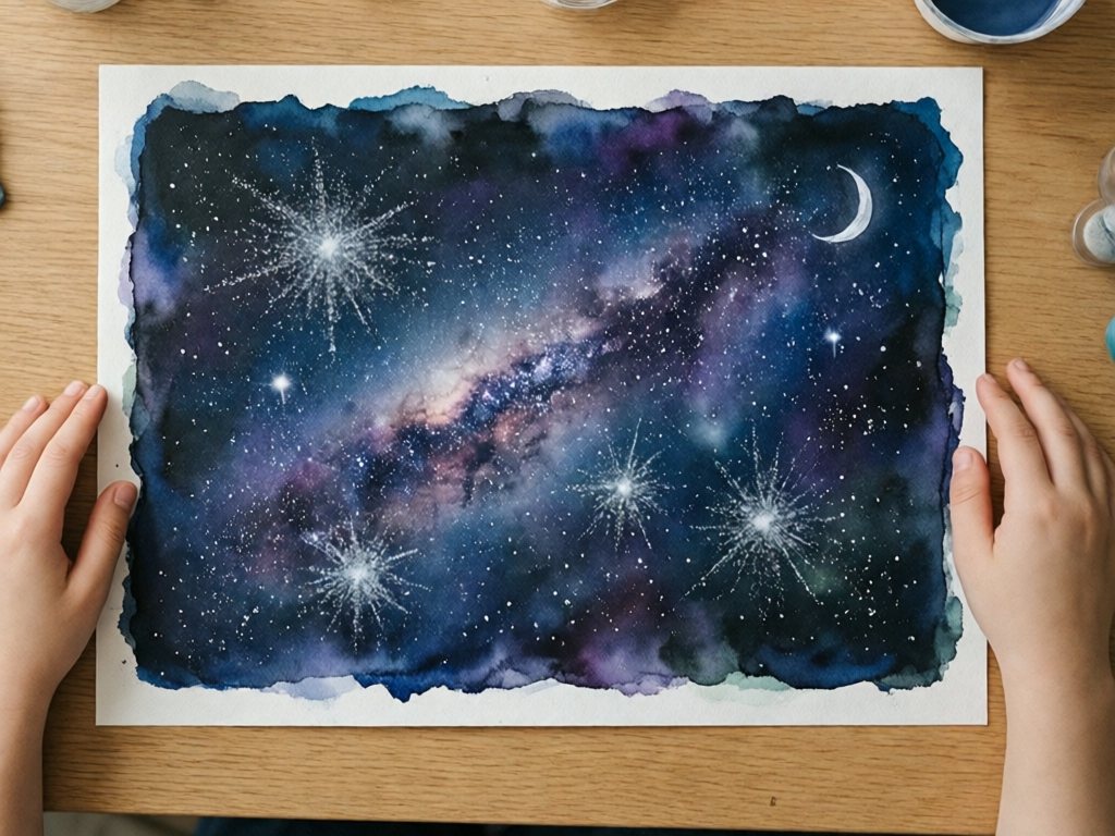 Galaxy watercolor painting with salt starburst texture, white speckled stars and a small crescent moon